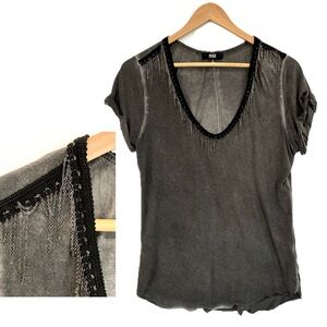 PAIGE Gunmetal Chain Tee Womens Size M Acid Washed Black V-Neck Punk Goth Grunge